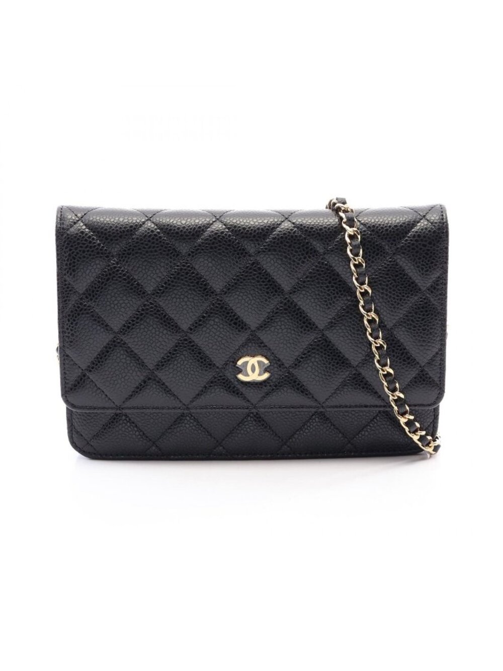 Chanel Shoulder Bag Quilted Black Caviar Leather Chain Wallet